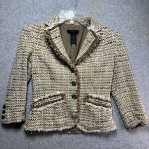 Vintage Y2K Limited Tweed Blazer Jacket XS Brown Tan Cream Cropped Frayed Hem